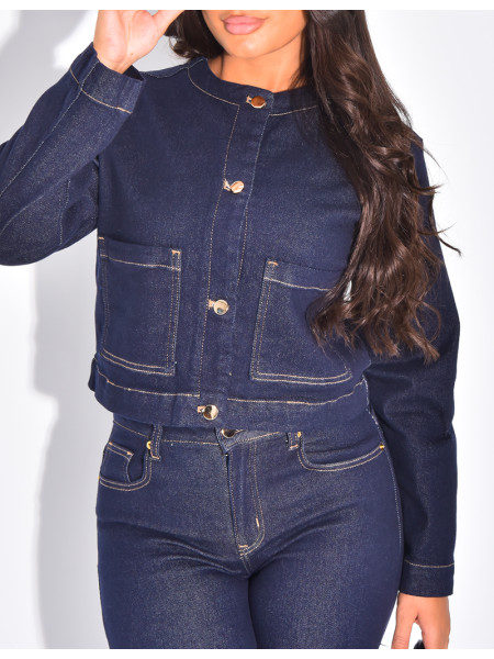 Ensemble en jeans stretch veste courte et pantalon droit