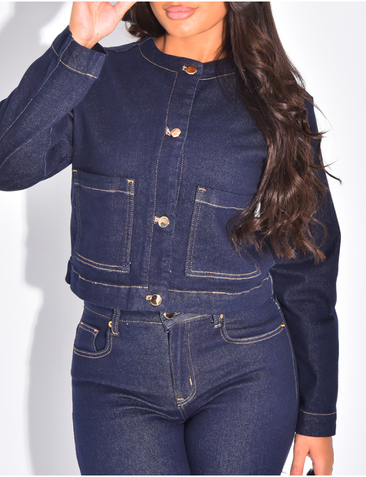 Ensemble en jeans stretch veste courte et pantalon droit