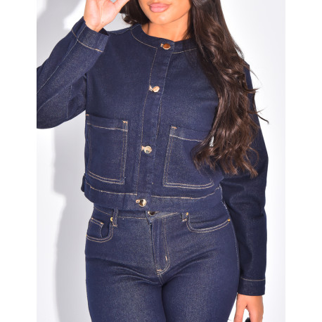 Ensemble en jeans stretch veste courte et pantalon droit