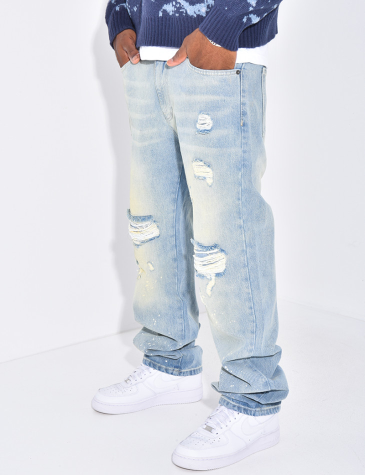 Jeans destroy à tâches de peinture