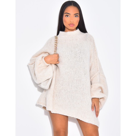 Pull long en maille épaisse à col montant