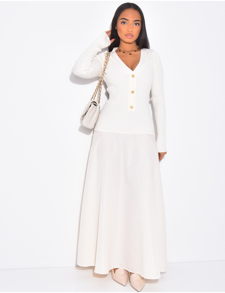Robe pull longue à partie en coton ornée de boutons dorés
