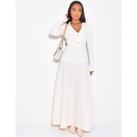 Robe pull longue à partie en coton ornée de boutons dorés