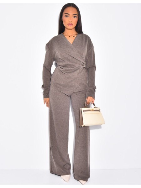 Cardigan with brooch and wide-leg pants set