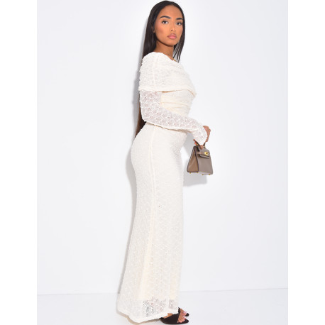 Long skirt and boat neck top set in textured fabric