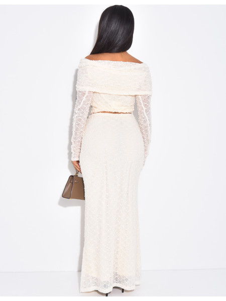 Long skirt and boat neck top set in textured fabric