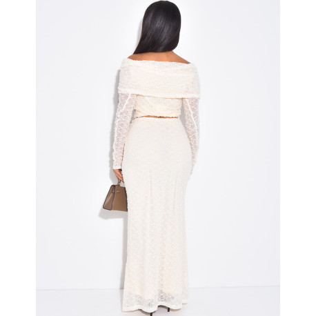 Long skirt and boat neck top set in textured fabric