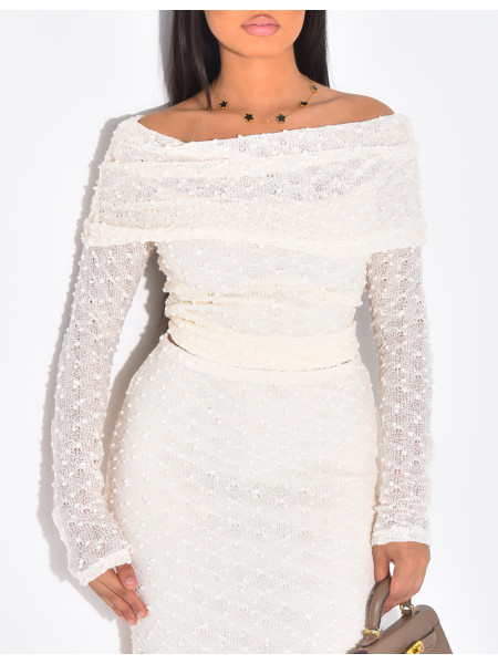 Long skirt and boat neck top set in textured fabric