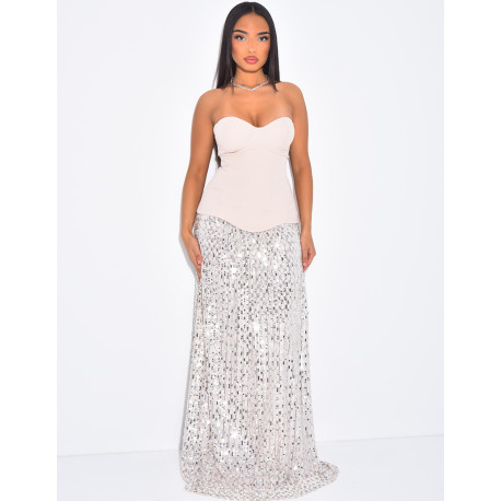 Long strapless dress with sequinned section