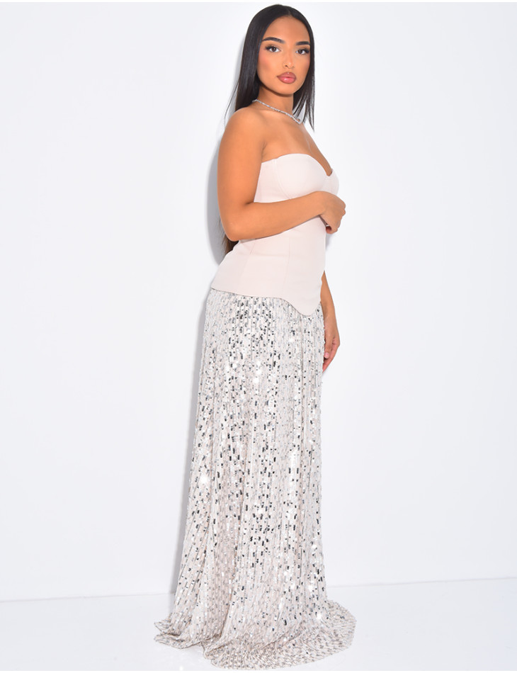 Longue robe bustier à partie en sequins
