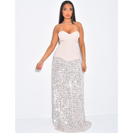 Longue robe bustier à partie en sequins