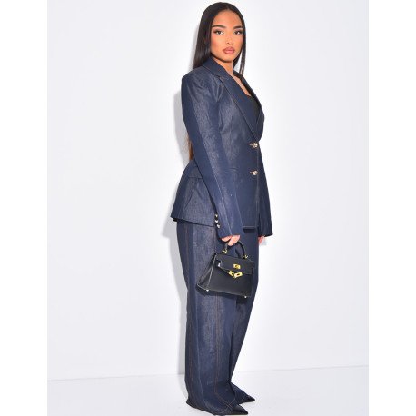 Ensemble en jeans veste de blazer et pantalon coupe droite