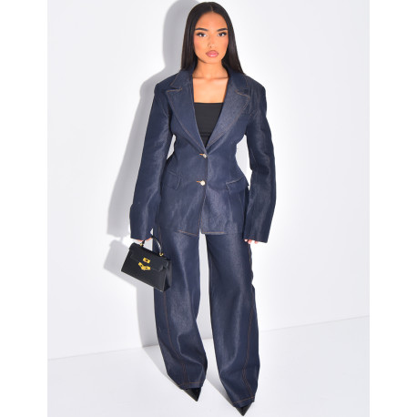 Ensemble en jeans veste de blazer et pantalon coupe droite