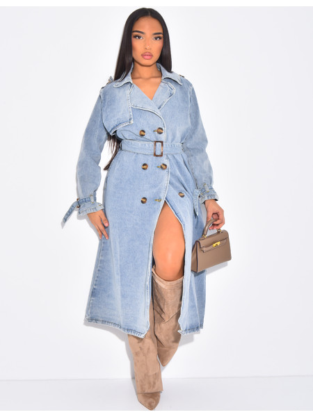 Oversized jeans trench coat with tie