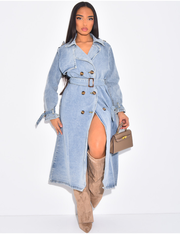 Oversized jeans trench coat with tie