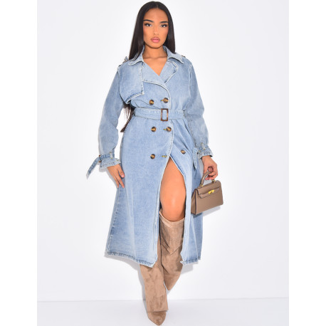 Oversized jeans trench coat with tie