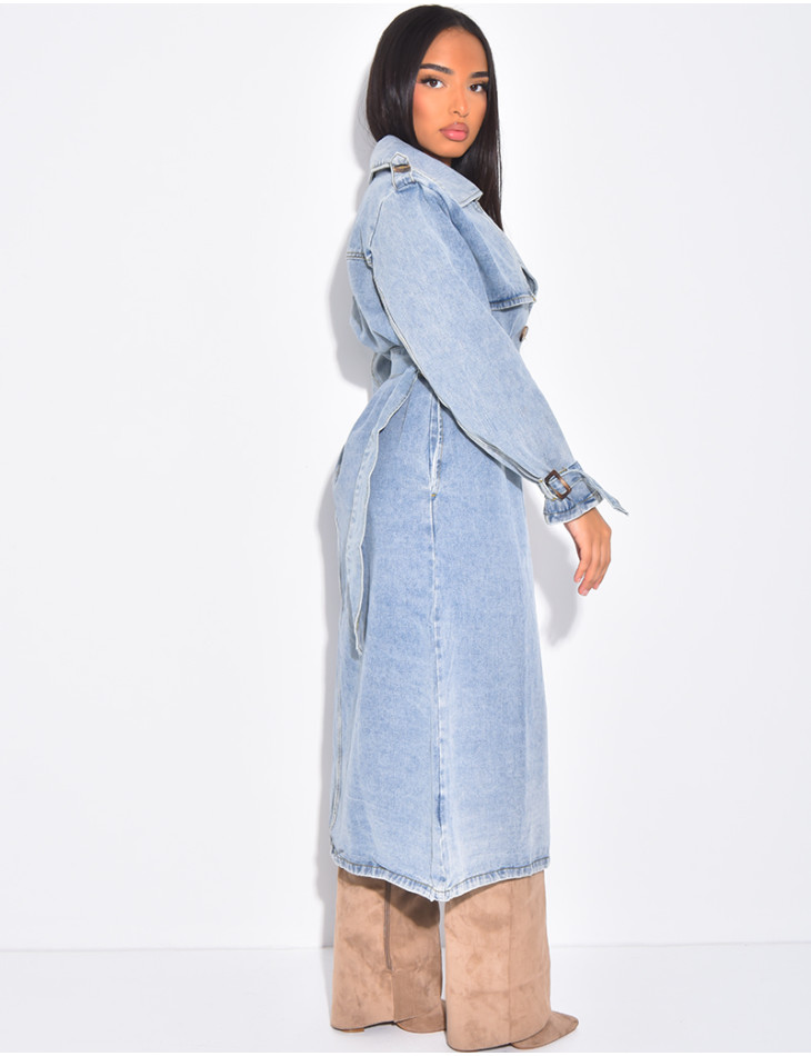 Oversized jeans trench coat with tie