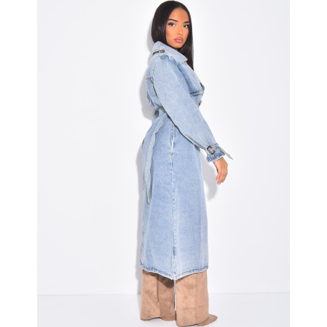 Oversized jeans trench coat with tie