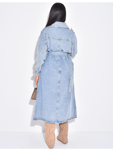Oversized jeans trench coat with tie