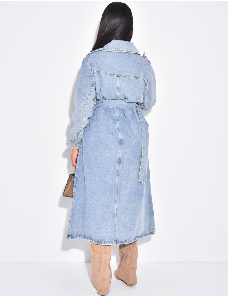 Oversized jeans trench coat with tie