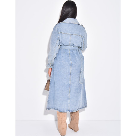Oversized jeans trench coat with tie