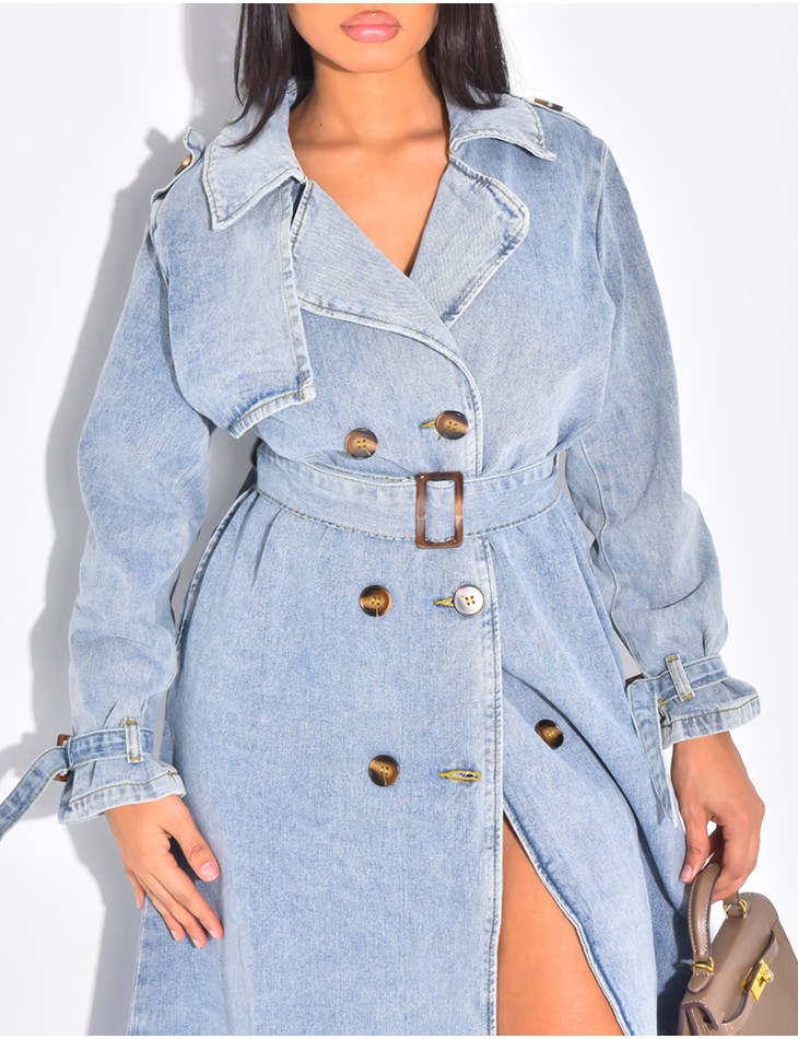 Oversized jeans trench coat with tie