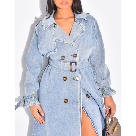 Oversized jeans trench coat with tie