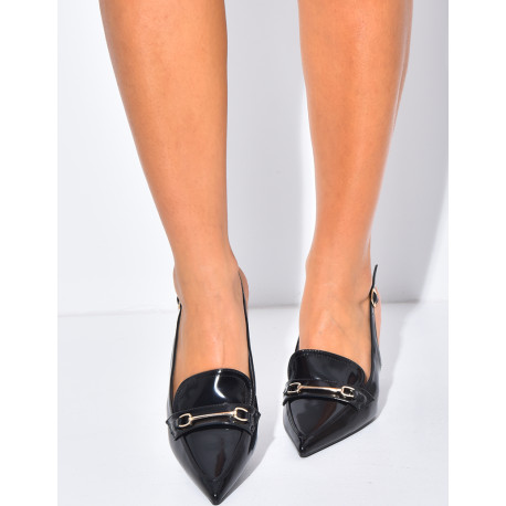 Escarpins vernis slingback style mocassins à attache dorée