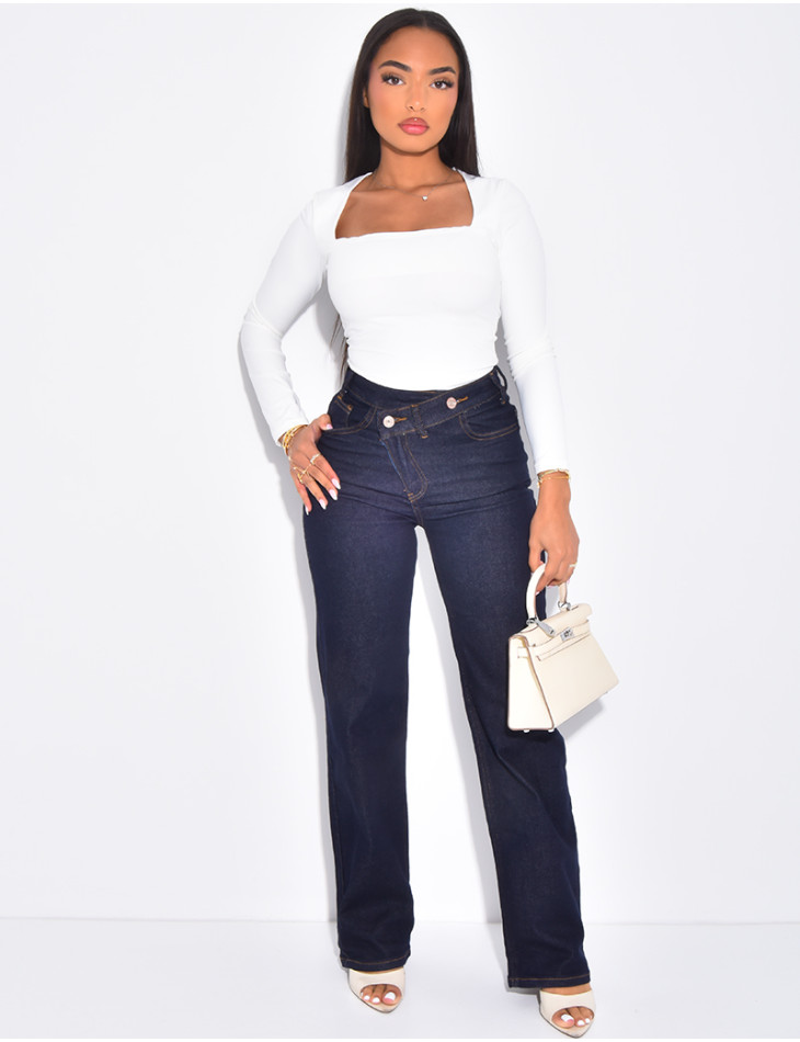 High-waisted straight-leg jeans with crossover button fastening