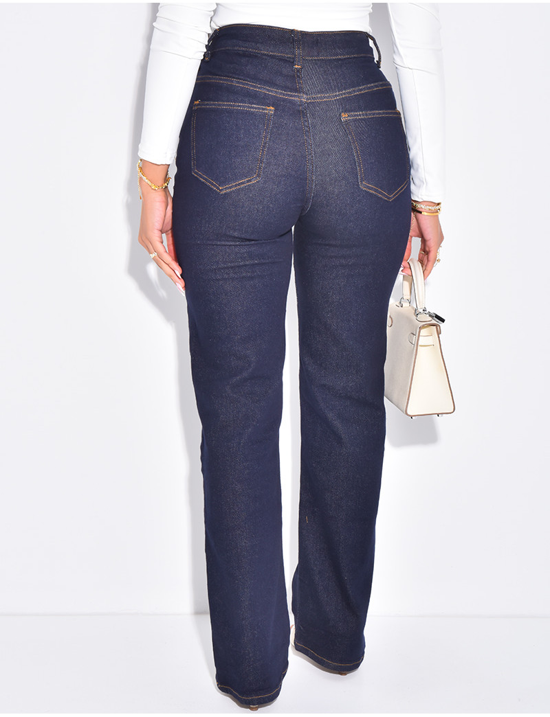 Jeans taille haute coupe droite à boutonnière croisée