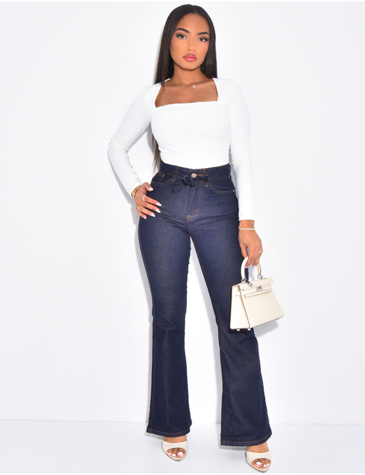 Raw blue flare jeans with tie waist