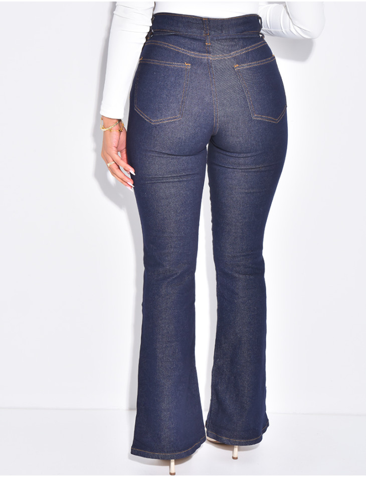 Raw blue flare jeans with tie waist
