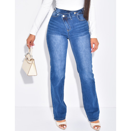 Jeans taille haute coupe droite à boutonnière croisée