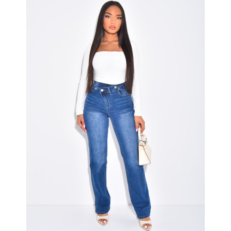 Jeans mit hoher Taille, geradem Schnitt und gekreuzter Knopfleiste