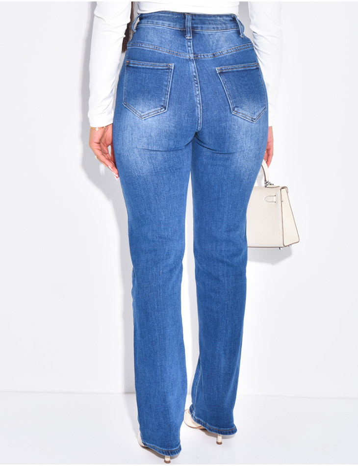 Jeans mit hoher Taille, geradem Schnitt und gekreuzter Knopfleiste