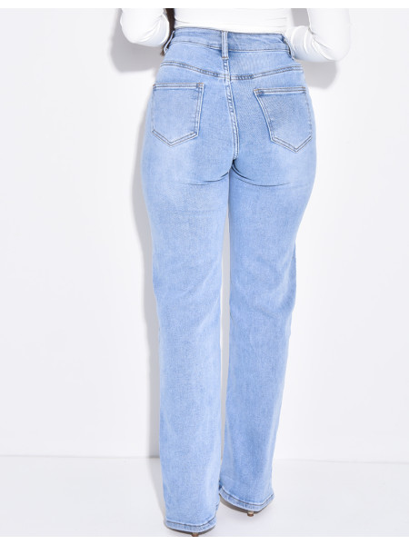 Jeans taille haute coupe droite à boutonnière croisée
