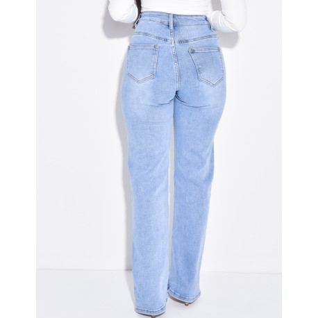 Jeans taille haute coupe droite à boutonnière croisée