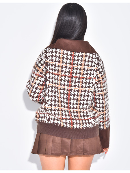 Oversized houndstooth pattern jumper with lacing at the neck