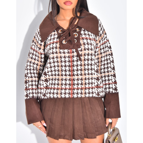 Oversized houndstooth pattern jumper with lacing at the neck