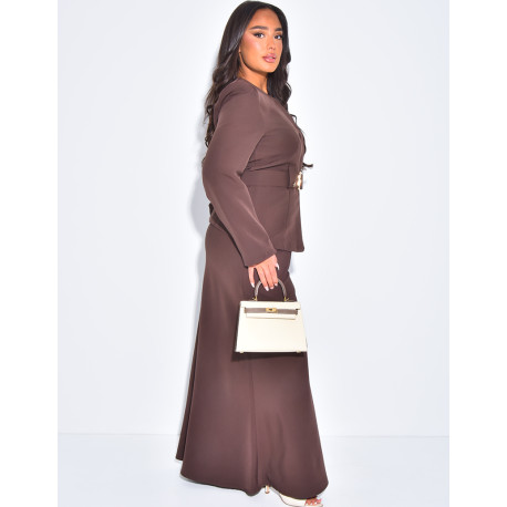 Long skirt and straight blazer set with matching belt