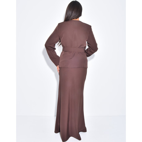Long skirt and straight blazer set with matching belt