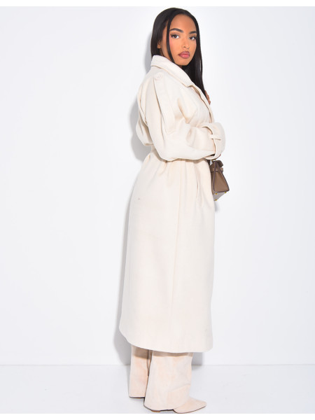 Langer Trenchcoat aus hochwertigem Filzstoff mit Knöpfen zum Binden