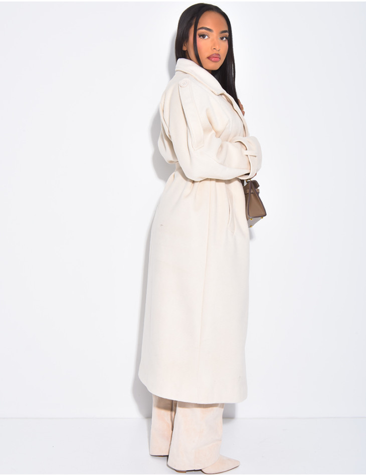 Langer Trenchcoat aus hochwertigem Filzstoff mit Knöpfen zum Binden