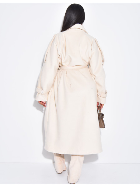 Langer Trenchcoat aus hochwertigem Filzstoff mit Knöpfen zum Binden