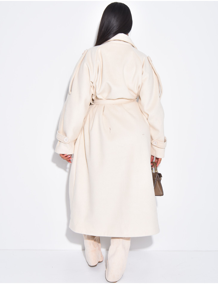 Langer Trenchcoat aus hochwertigem Filzstoff mit Knöpfen zum Binden