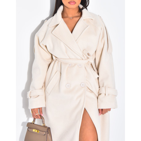 Langer Trenchcoat aus hochwertigem Filzstoff mit Knöpfen zum Binden