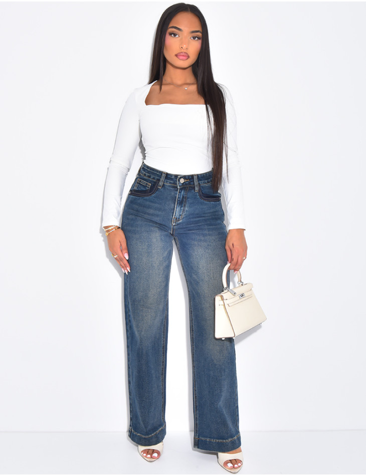 Jeans coupe droite à délavage contrastant