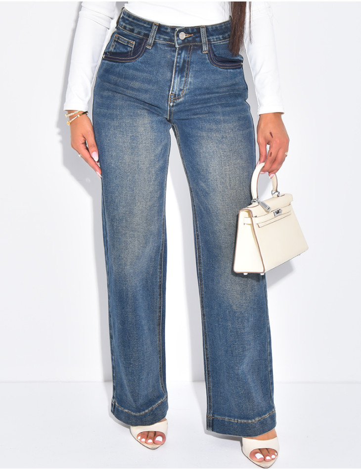 Jeans coupe droite à délavage contrastant