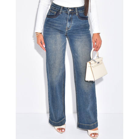 Jeans coupe droite à délavage contrastant