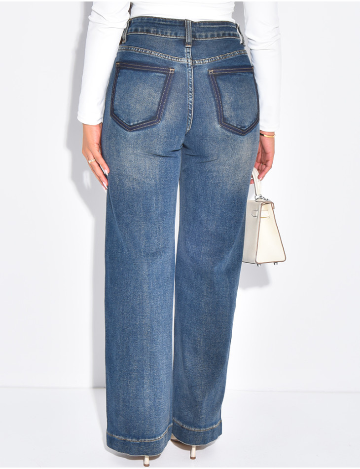 Jeans coupe droite à délavage contrastant